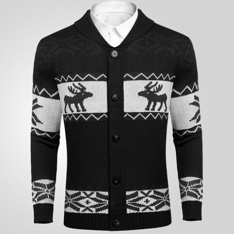 Men's black Christmas jacquard button cardigan sweater with reindeer pattern