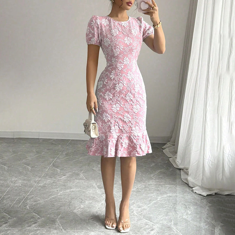 Women's Floral Jacquard Dress Women's Short Puff Sleeve Crew Neck Ruffle Hem Bodycon Dresses
