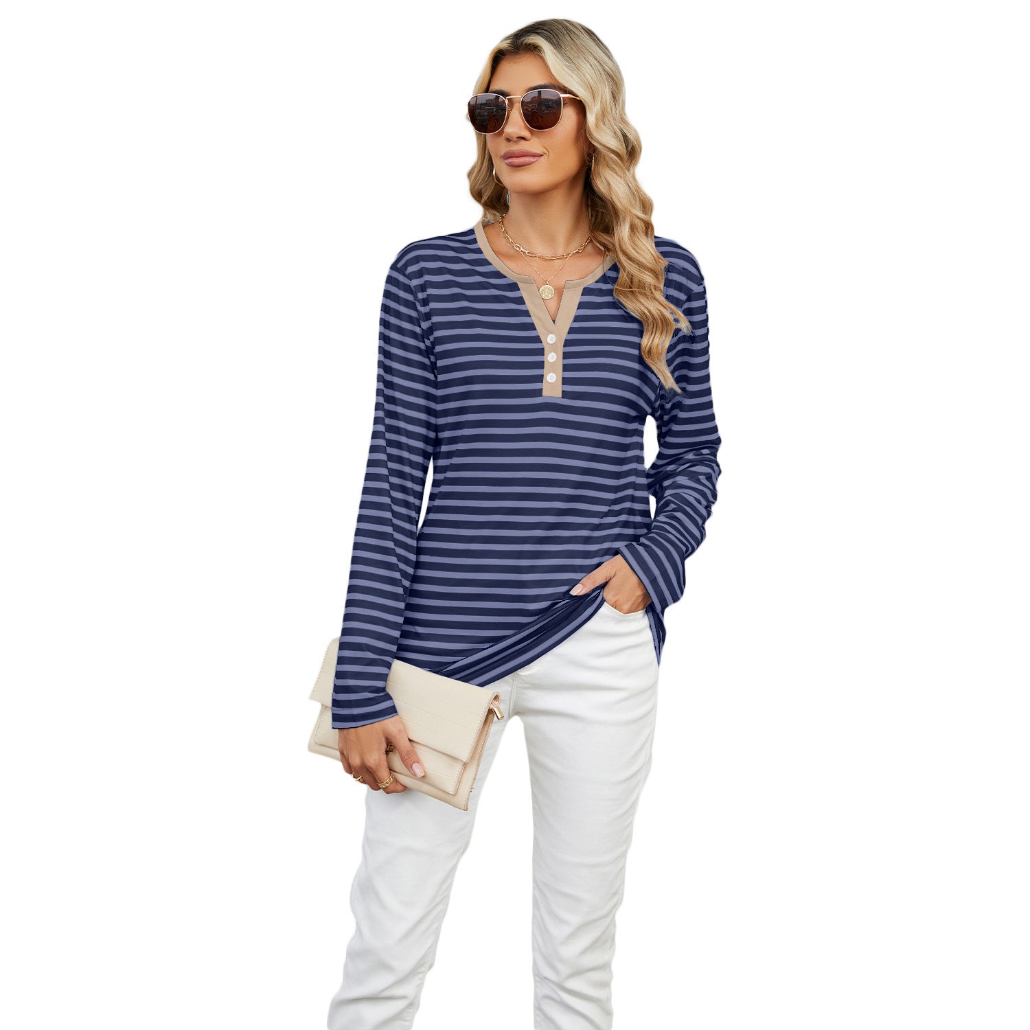 Women's V-Neck Striped Long Sleeve Shirt