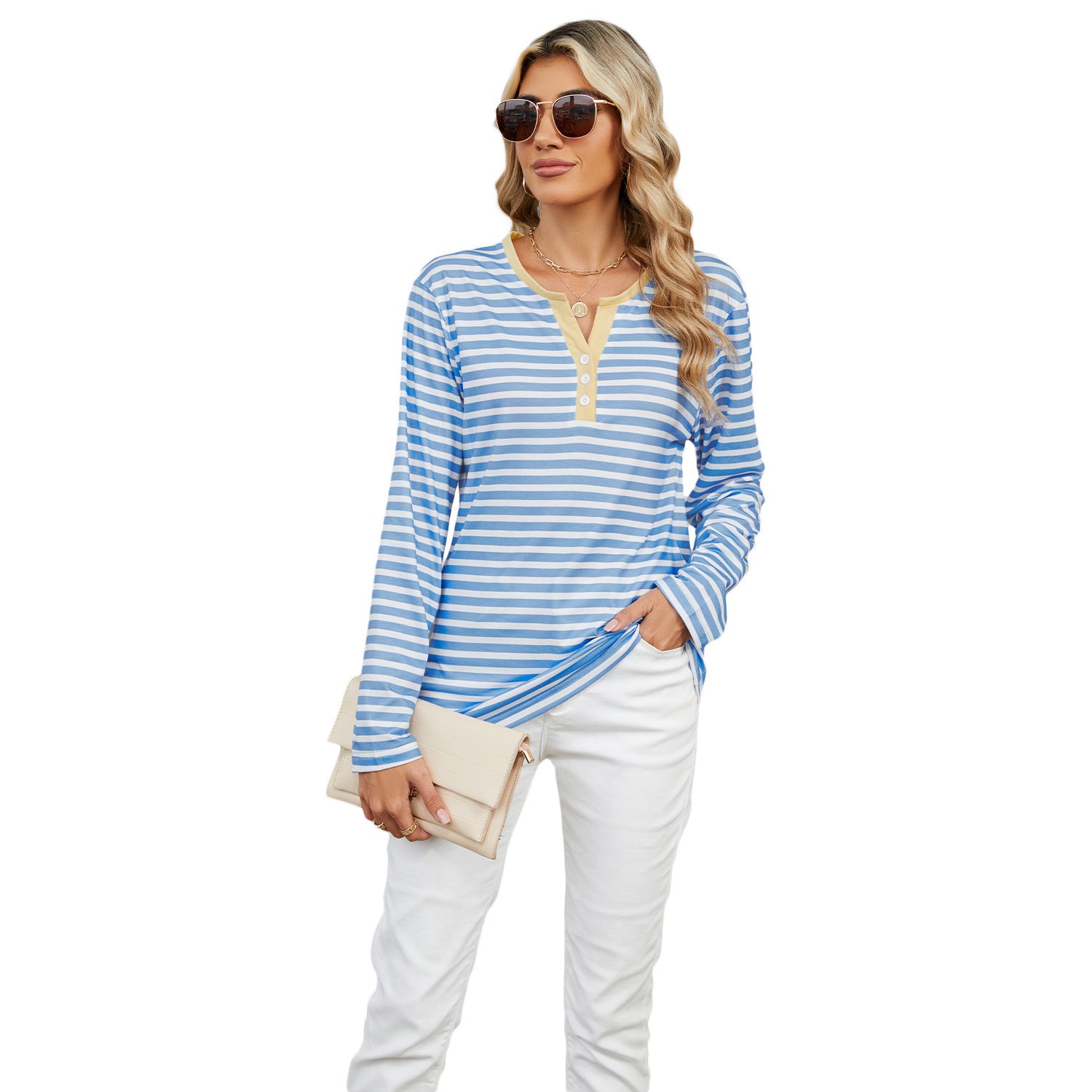 Women's V-Neck Striped Long Sleeve Shirt