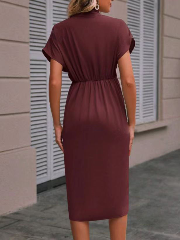 Women’s Elegant Pleated V-Neck Short Sleeve Wrap Midi Dress