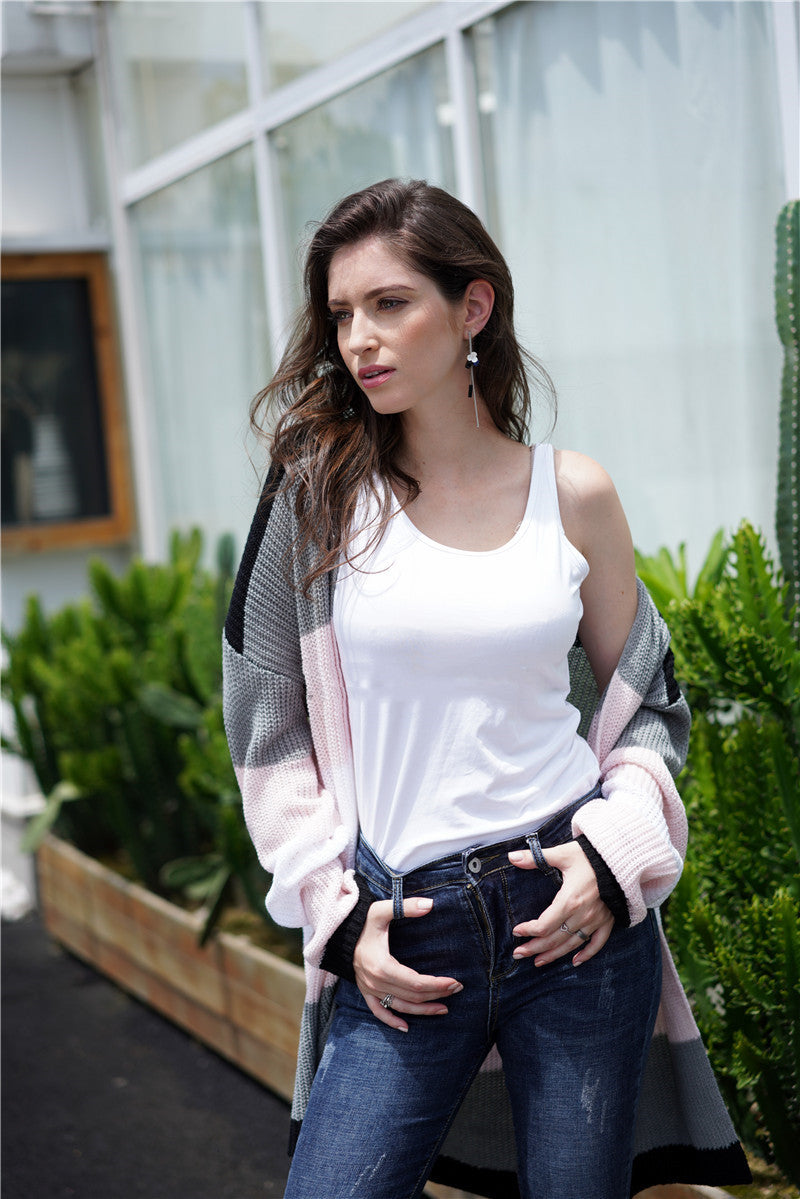 Mid-length Knitted Cardigan Loose Striped Rainbow Sweater