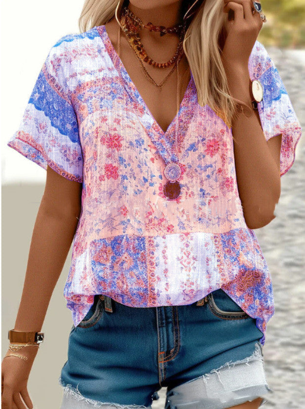 Women's Boho V-Neck Short Sleeve Top