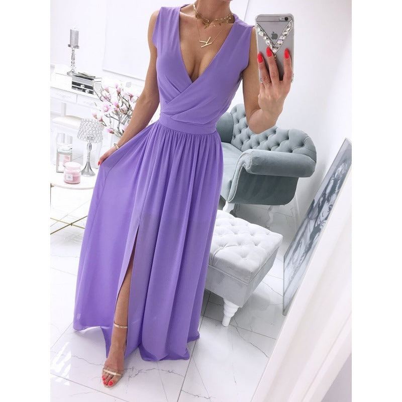 Women's summer sleeveless V-neck long dress with front split in various colors.