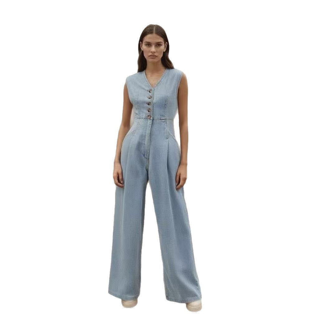 V-neck Double-breasted Sleeveless Wide Leg Overall Jeans