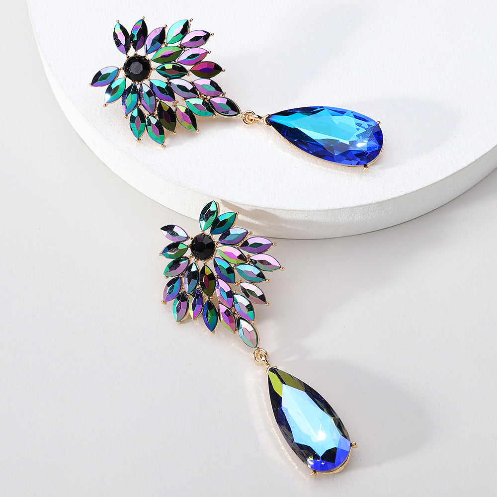 Floral Crystal Teardrop Dangle Earrings Statement Rhinestone Drop Jewelry For Women Party Wedding Bridal Prom