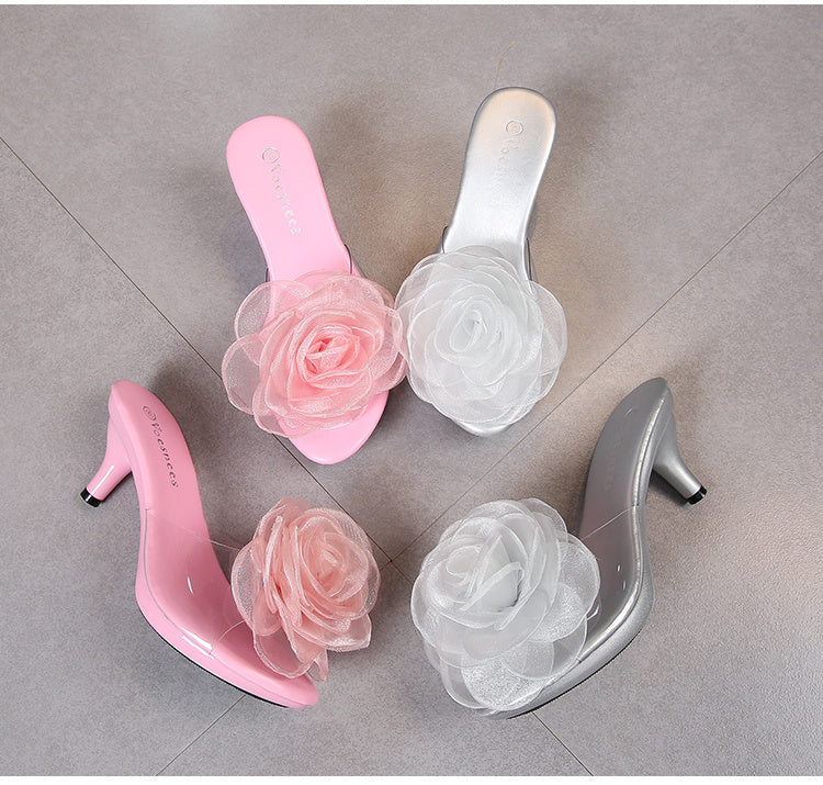 Transparent Slippers with Flower and Short Stiletto Heel