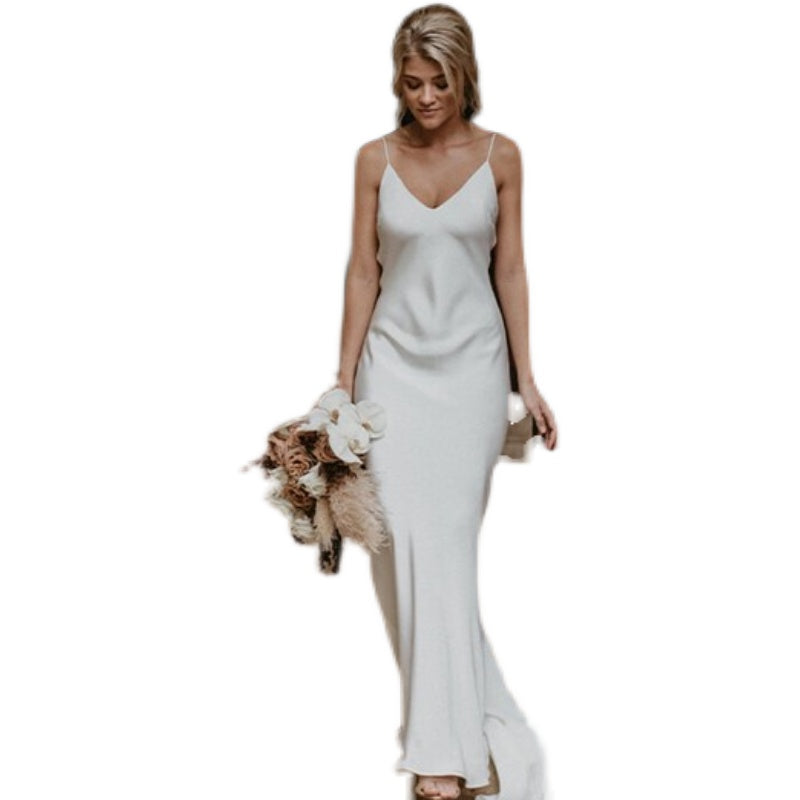 Women’s Mid-Waist Sleeveless Wedding Dress with Train and Spaghetti Straps XS-L - Wazzi's Wear