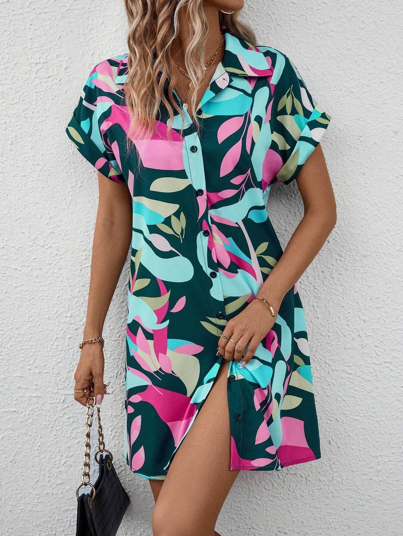 Women’s Short Sleeve Loose Fit Printed Shirt Dress with Lapel