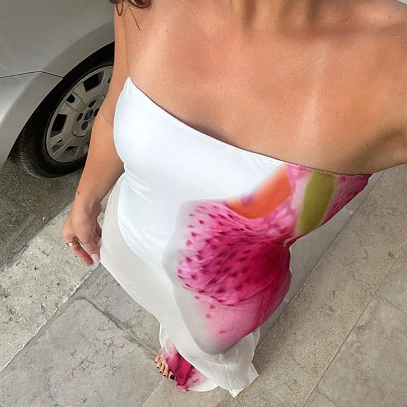 Summer Floral Print Tube Top Slit Bodycon Mesh Dress For Women