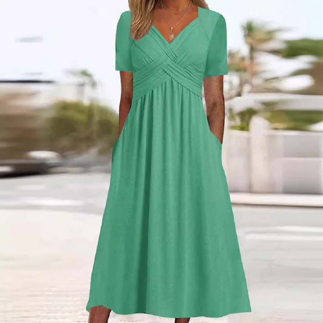 Women's Criss-Cross V-Neck Short Sleeve Midi Dress with Pockets