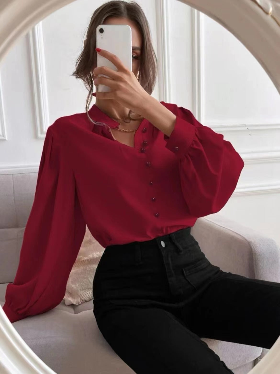 Women’s Mock Neck Long Sleeve Blouse with Pleated Collar