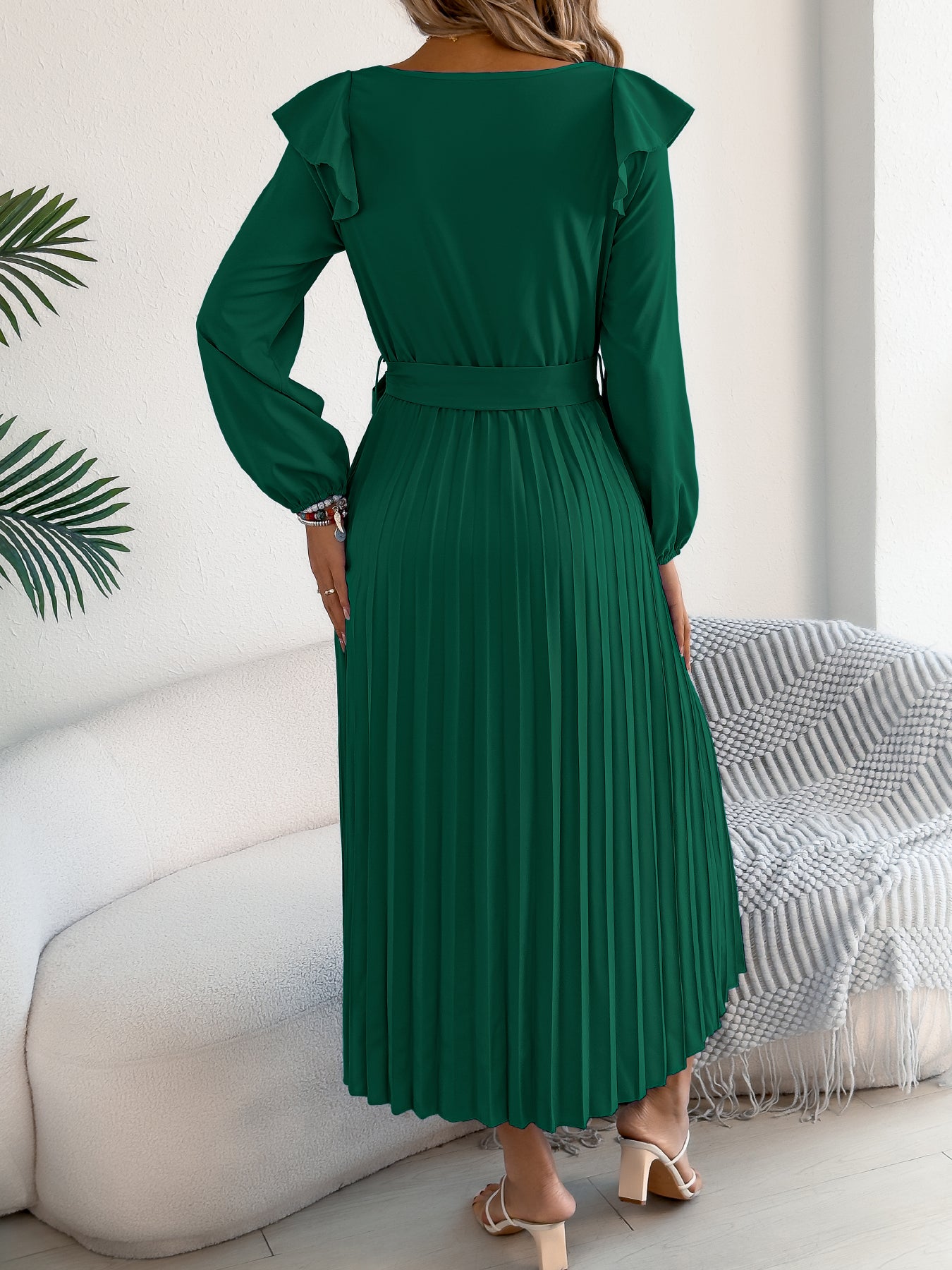 Women's Elegant Ruffle Trim Square Neck Long Sleeve Tie Waist Pleated Dress