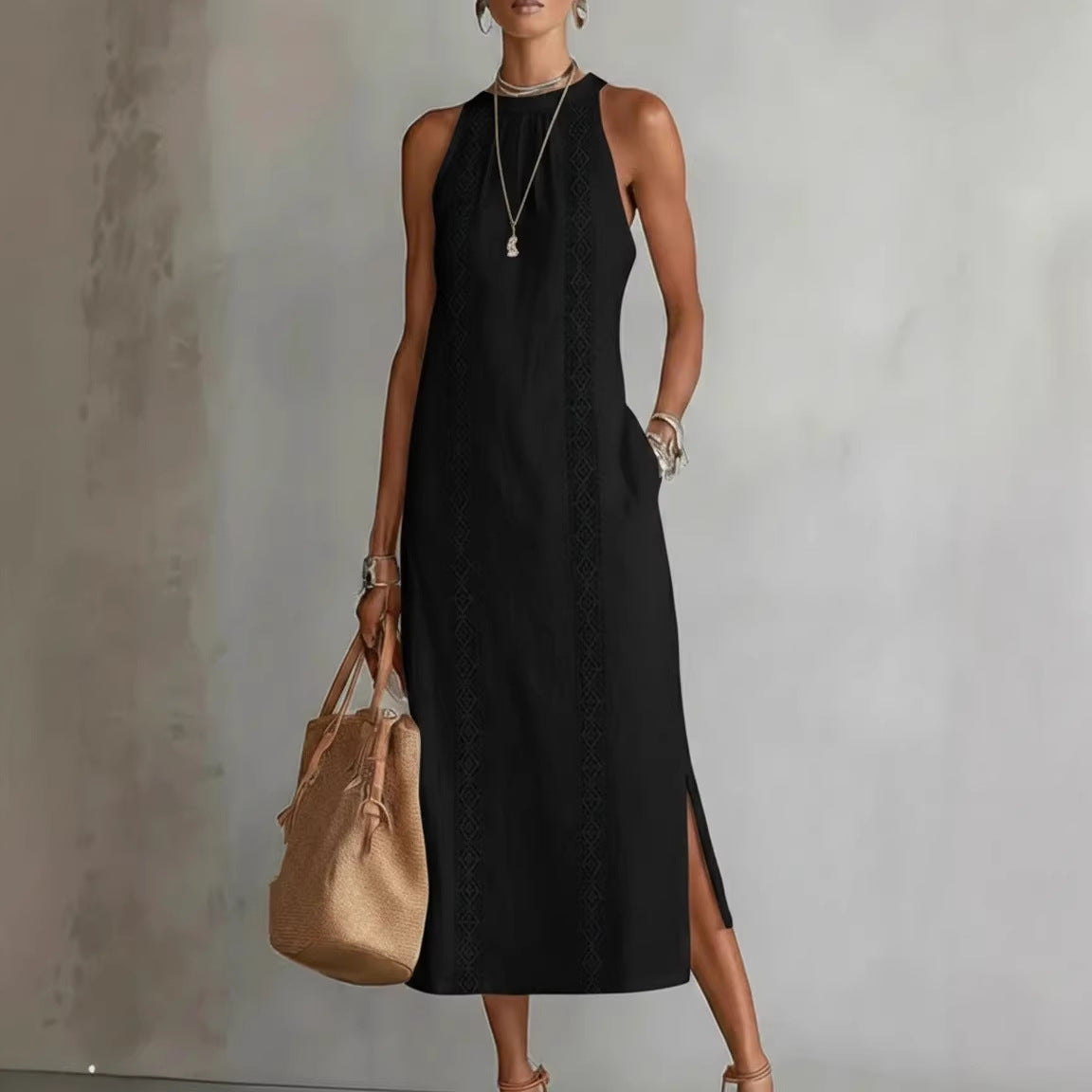 Womens Halterneck Holiday Lace-Patchwork Sleeveless Dress