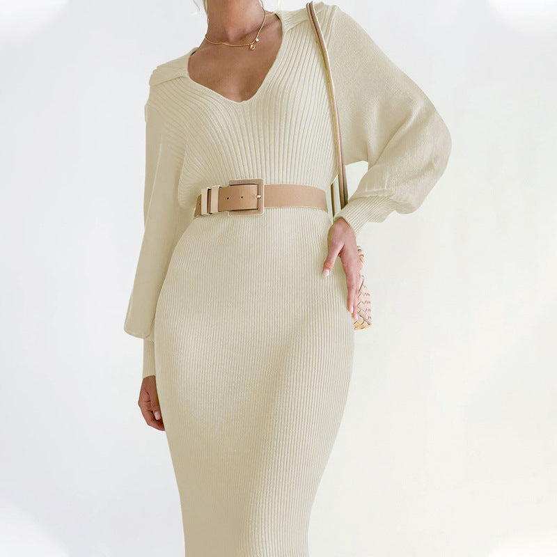 Elegant Retro Lightly Mature Lantern Sleeve V-neck Solid Color Knitted Sweater Dress