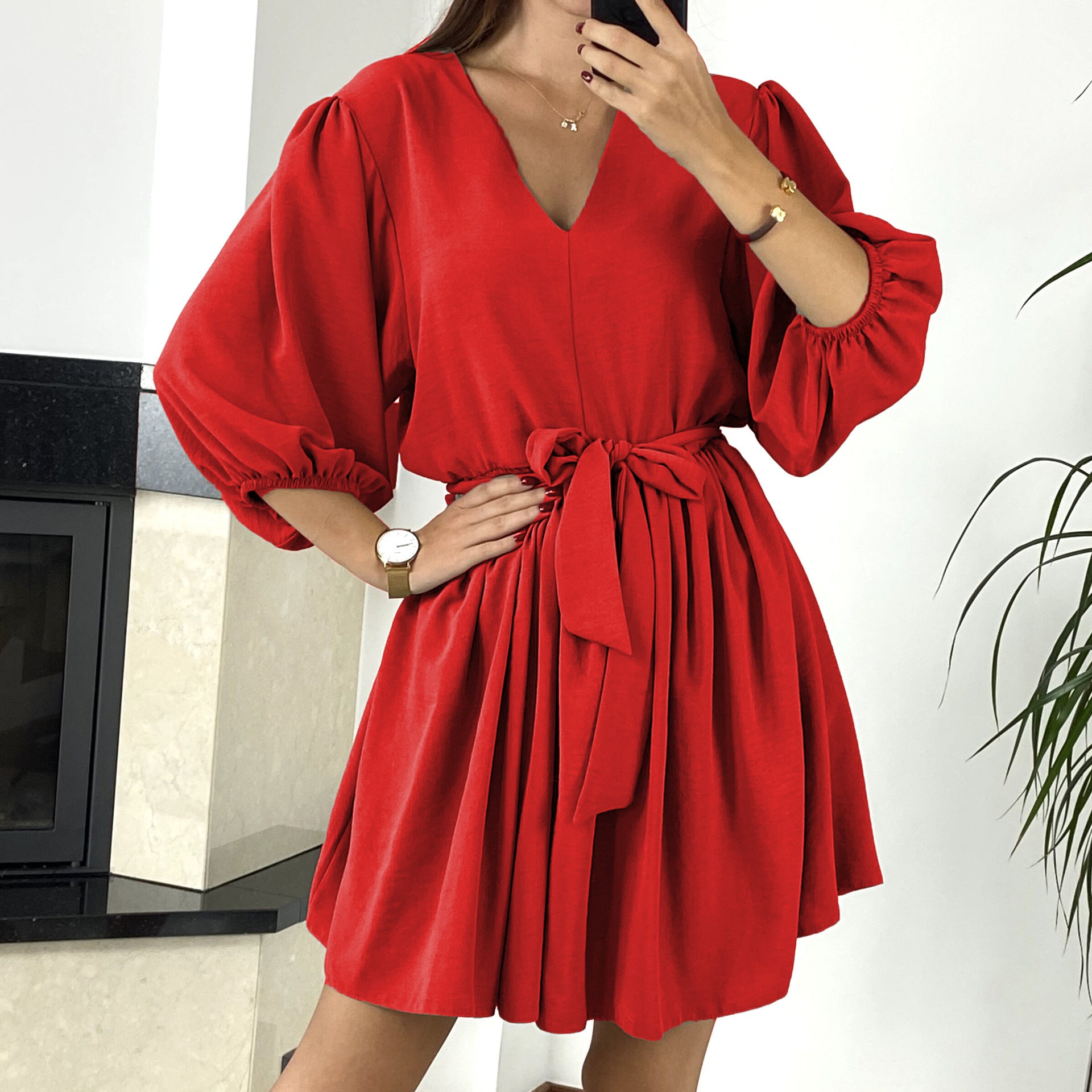 Women's V-Neck Dress with Waist Tie and 3/4 Sleeves in 4 Colors S-2XL - Wazzi's Wear