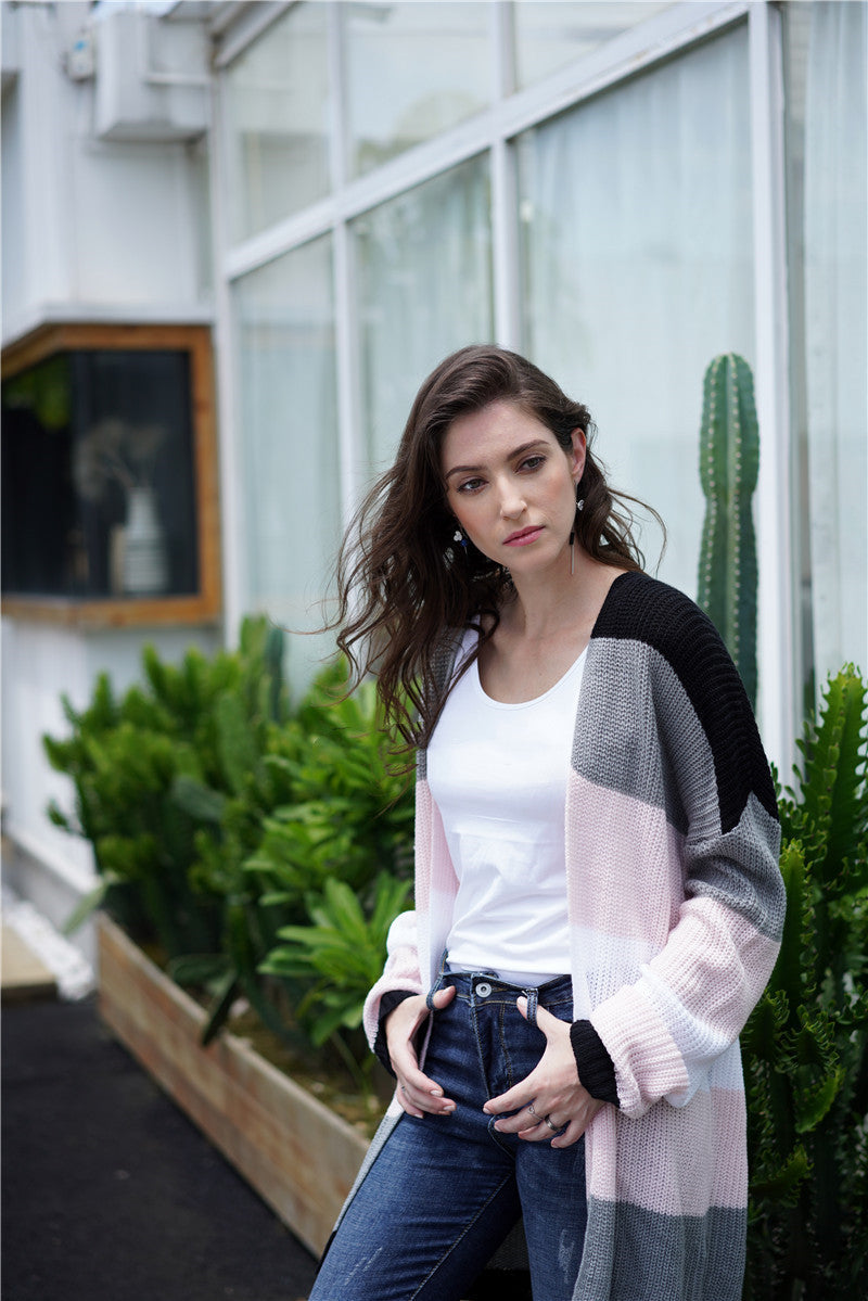 Mid-length Knitted Cardigan Loose Striped Rainbow Sweater