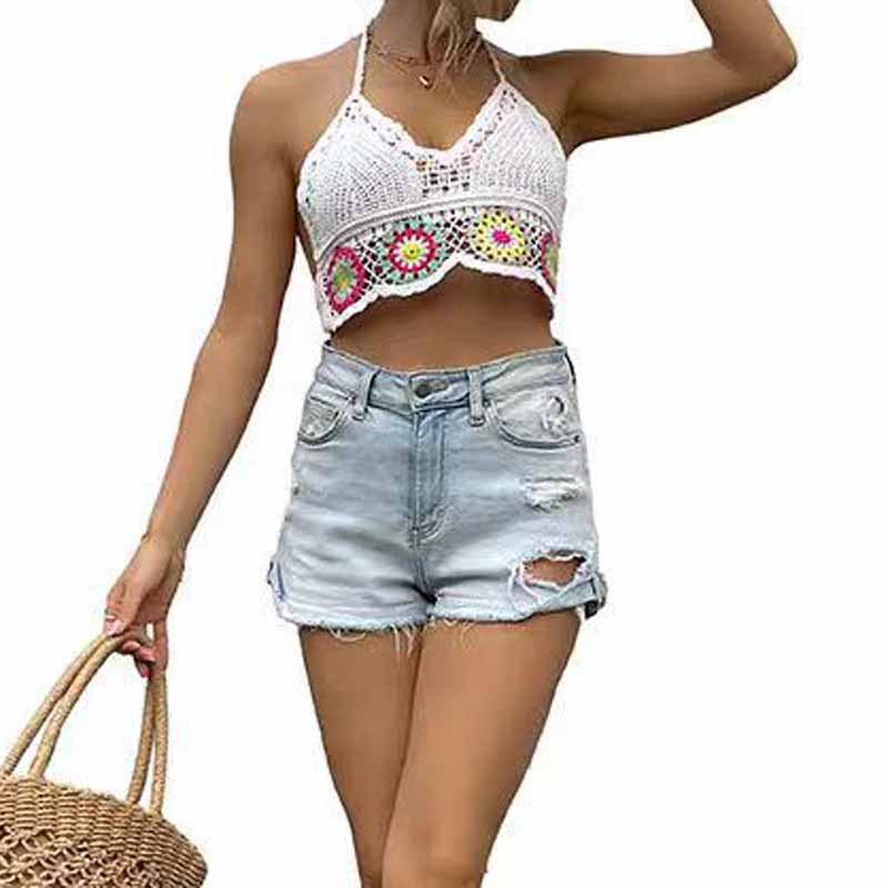 Knitted Sling Short Women's Top Backless Hollow-out Halter Embroidered Vest