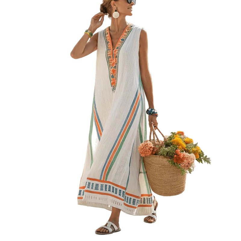 V-neck Three-quarter-length Sleeves Long Caftan Dress With Patch Pockets