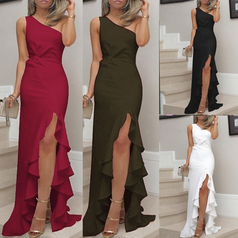 Women’s One Shoulder Ruffled Floor Length Evening Dress with Slit in 4 Colors S-3XL - Wazzi's Wear