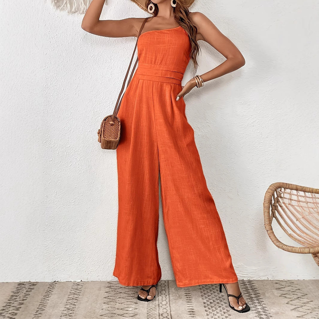 Women's Solid Color Wide-leg Thin One-shoulder Jumpsuit