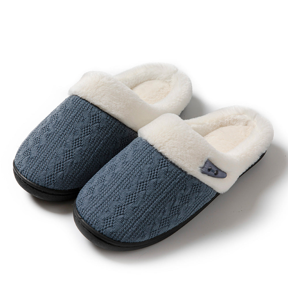 Women's warm non-slip slippers with cotton upper and rubber sole.