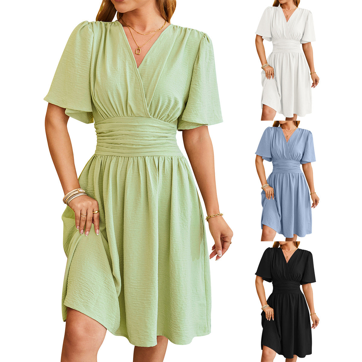 -Neck Short Sleeve Summer Midi Dress