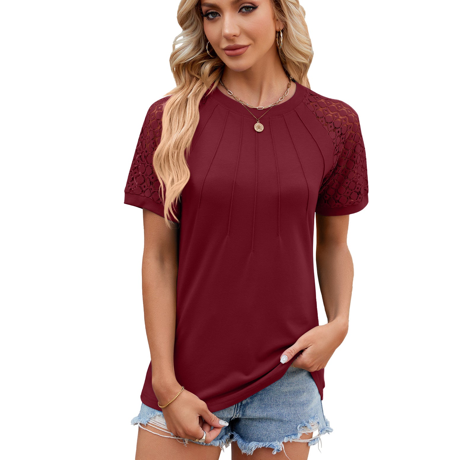 Women’s Round Neck Short Lace Sleeve Pleated Top in 8 Colors S-XXL