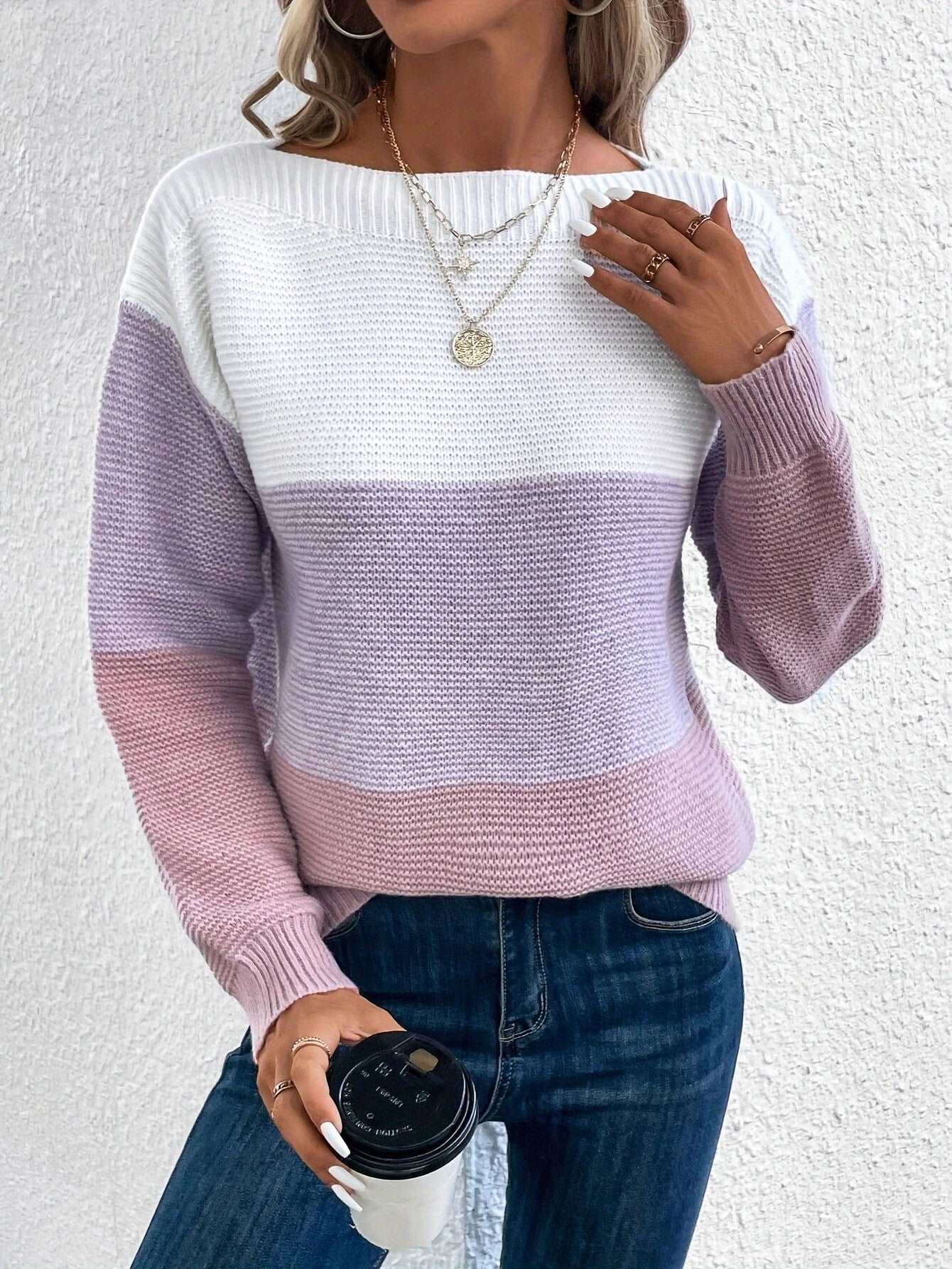 Women's Round Neck Long Sleeve Colorblock Sweater in 8 Colors S-XL