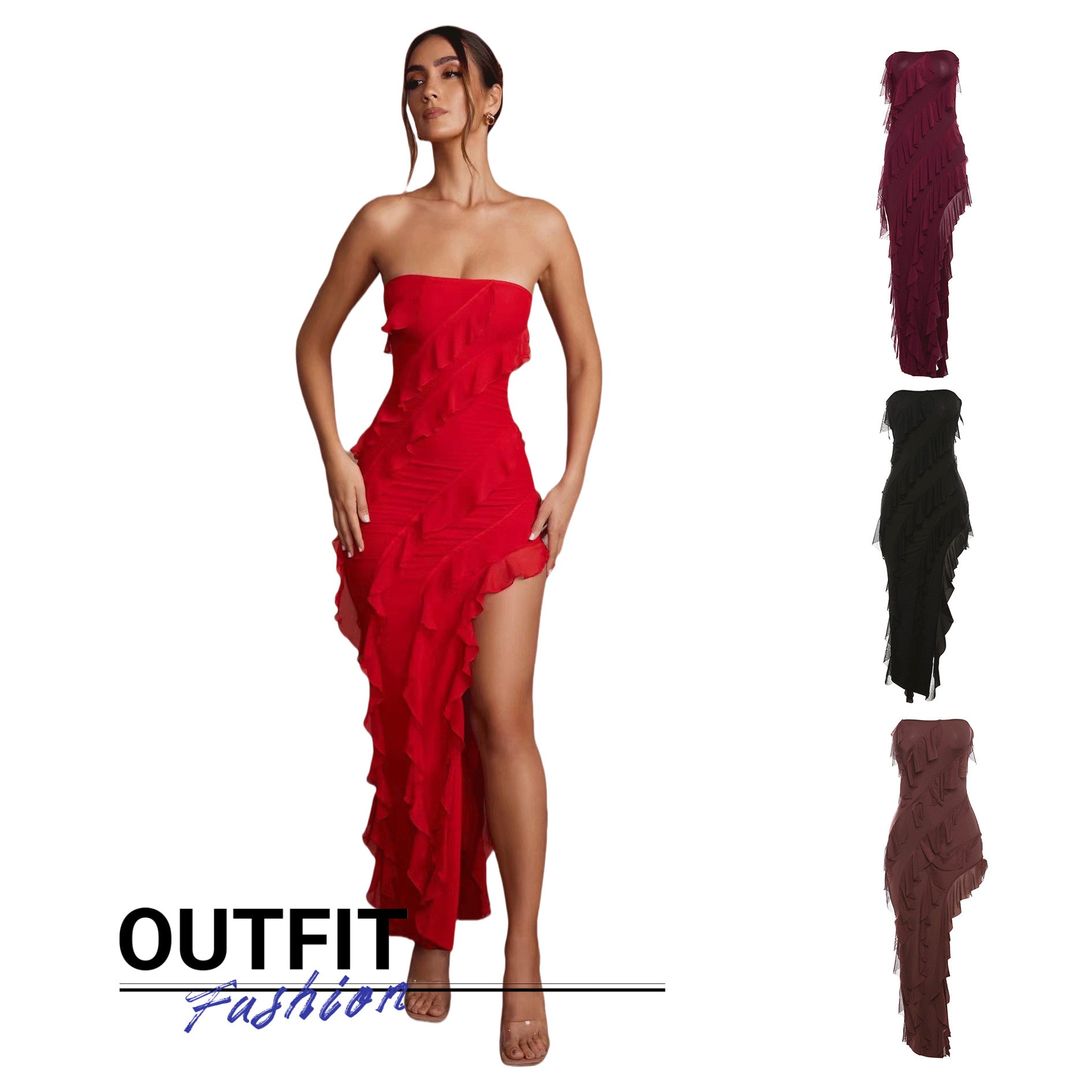 2024 Summer Trend Skinny Women’s Tube Top Dress – Backless Split Tassel Clubwear