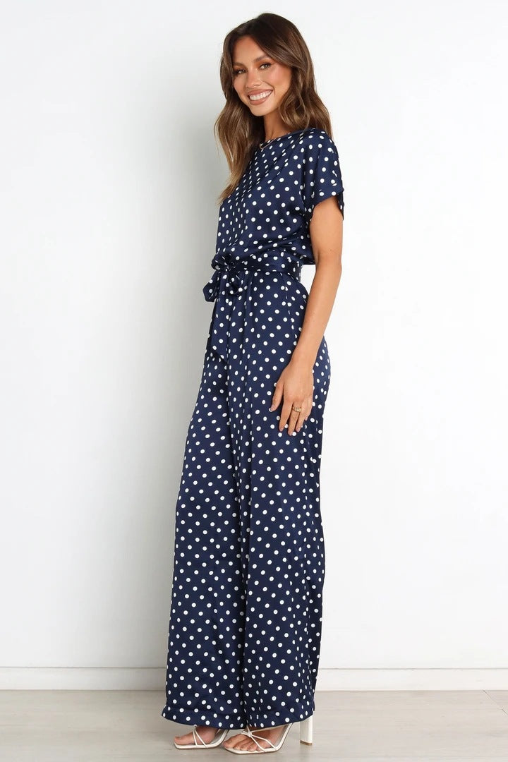 Women's Round Neck Short Sleeve Polka Dot Jumpsuit