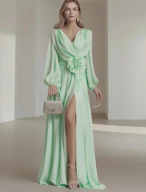 Flower Pleated Chiffon Wedding Dress Long Buff Sleeve Flowy V-neck Maxi Dress