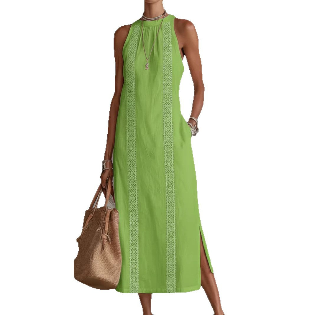 Womens Halterneck Holiday Lace-Patchwork Sleeveless Dress