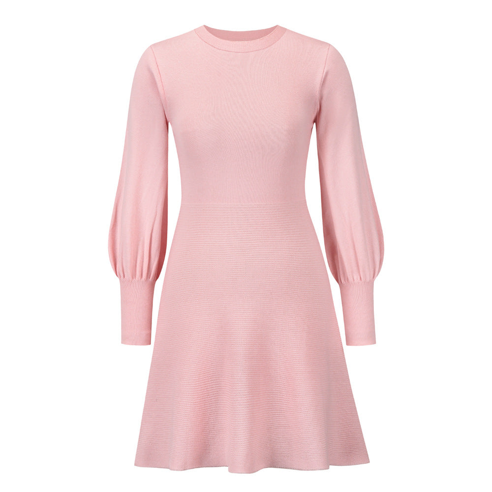 Women’s Round Neck Sweater Dress with Long Puff Sleeves in 4 Colors S-XXL - Wazzi's Wear