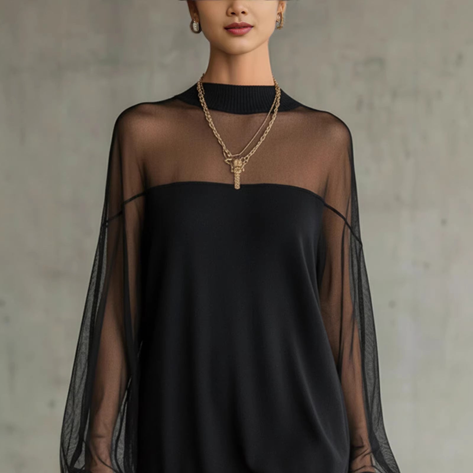 Womens European And American-style Springautumn Mesh Patchwork Mini Skirt O Neck Long Sleeve Pullover Party Dresses