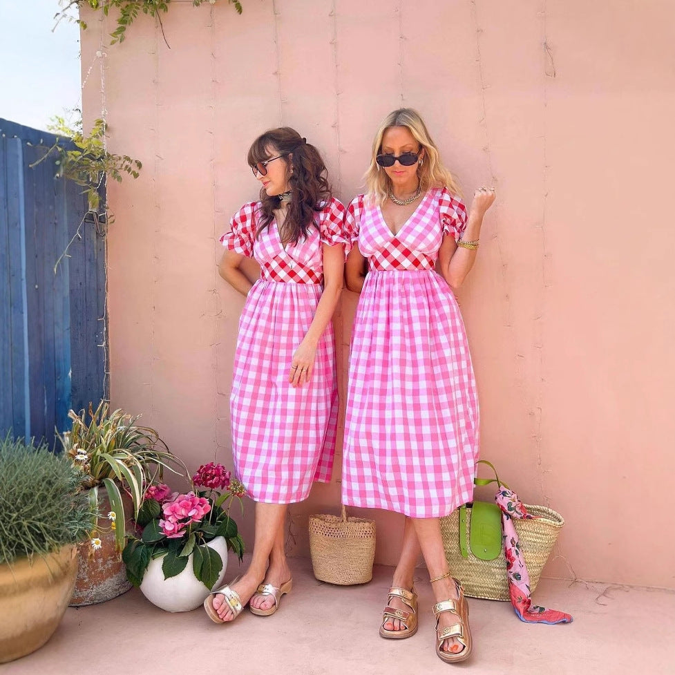 New Design-Driven Niche Summer Thin Plaid V-Neck Dress
