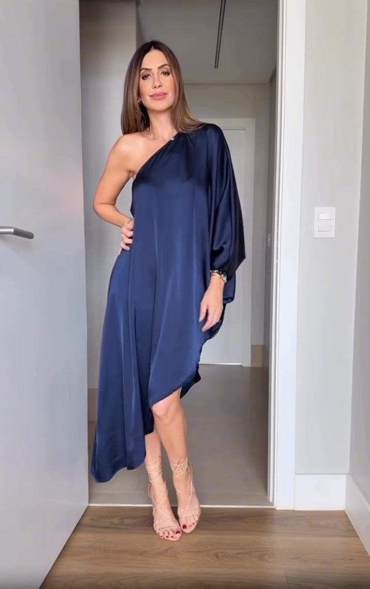 Blue Fashionable One-Shoulder Sexy Versatile Dress