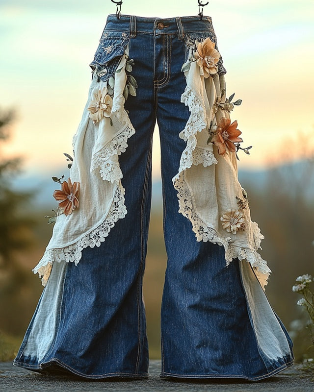 Women's Leisure Fashion Retro Print High-Waisted Pants, Comfortable Fake Jeans That Can Slim The Legs