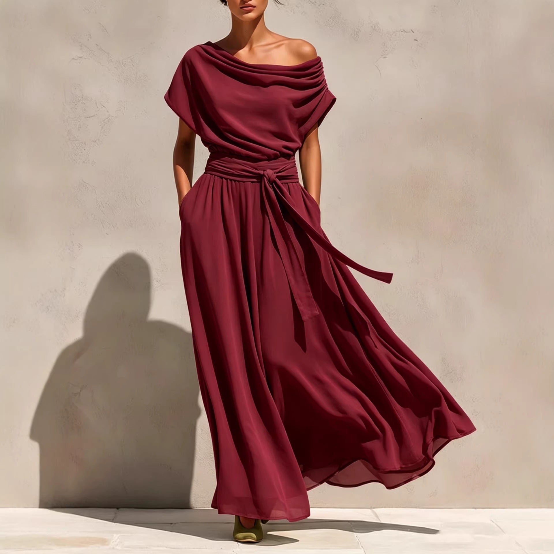 Short-sleeve Pleated Chiffon Waist-cinching Dress