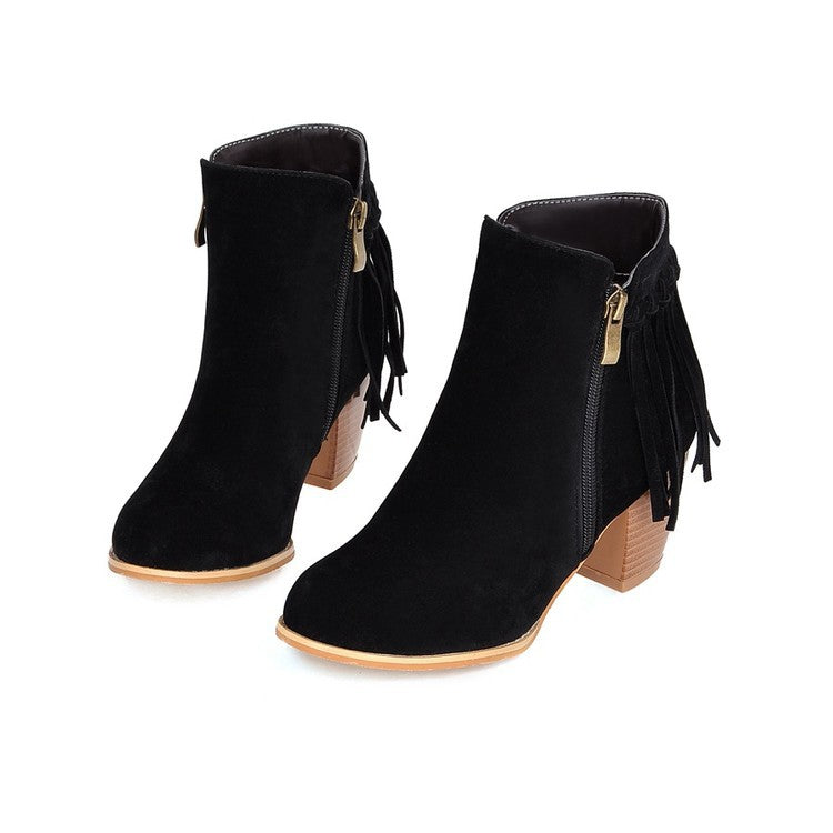 Women’s Suede Ankle Length Short Heel Boots with Tassels in 3 Colors - Wazzi's Wear