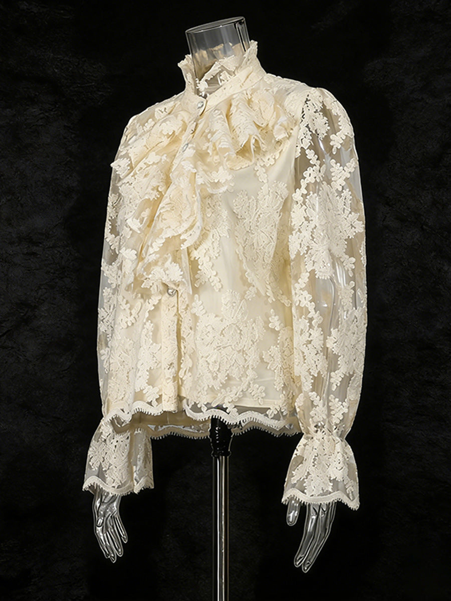 Retro 3D Floral Lace Long-Sleeved Shirt
