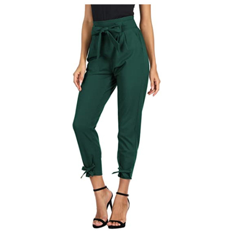 Women’s High Waisted Cuffed Pants with Pockets and Bows