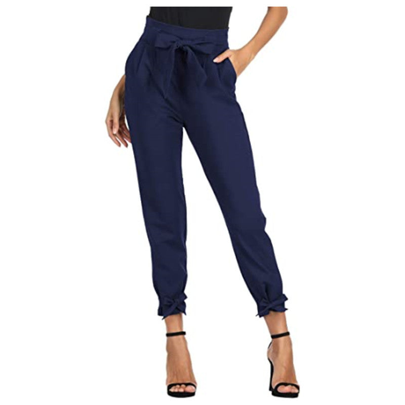 Women’s High Waisted Cuffed Pants with Pockets and Bows