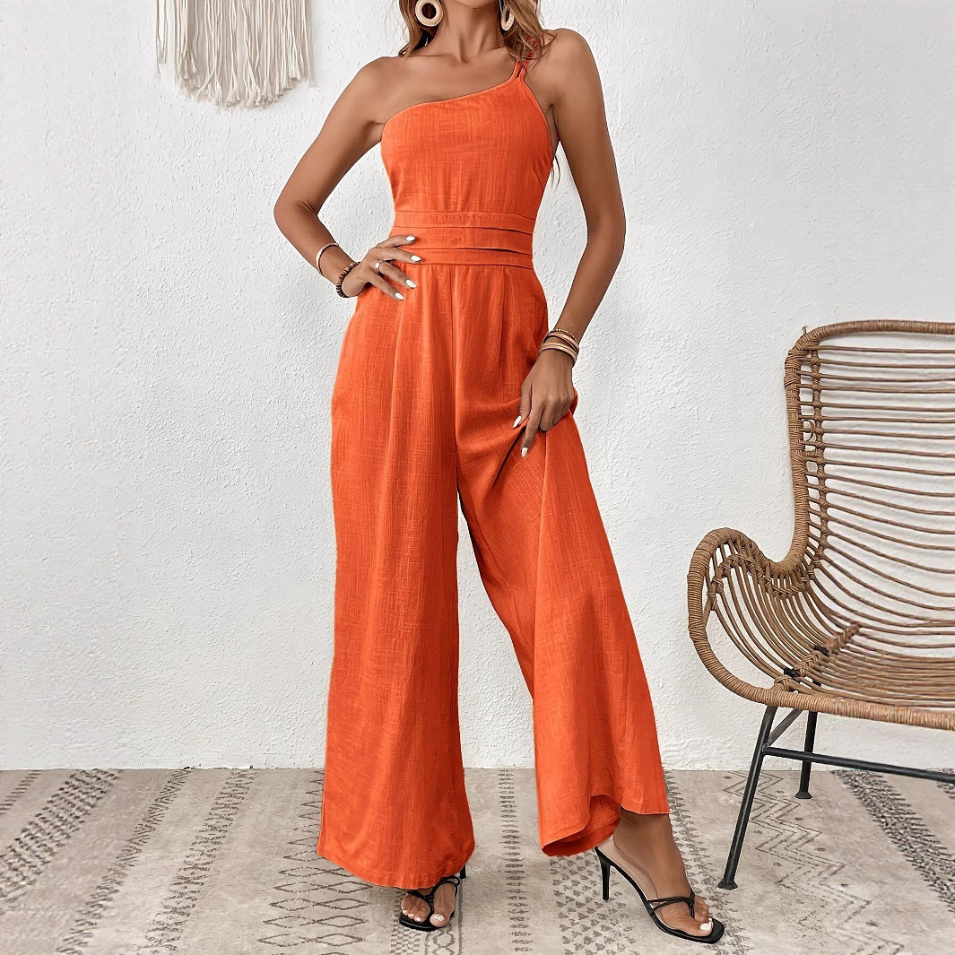 Women's Solid Color Wide-leg Thin One-shoulder Jumpsuit