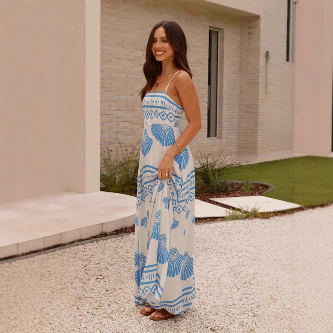 Shell-printed French-style High-waisted Full-skirted Slip Dress