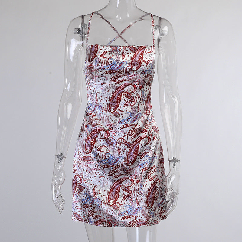 Women’s Satin Paisley Print Spaghetti Strap Mini Dress S-L