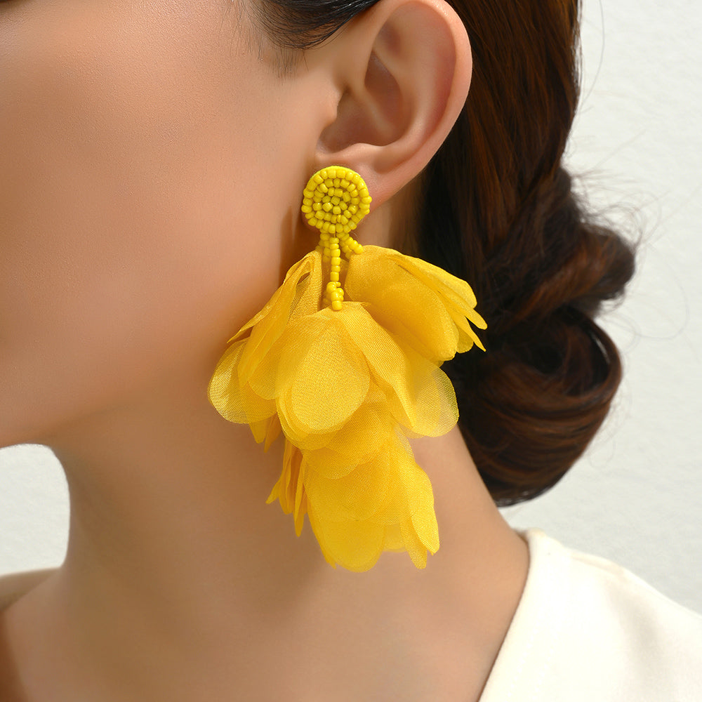 Lightweight Fluffy Chiffon Flower Multi-Layer Tassel Earrings For Women Handmade Bohemian Jewelry For Beach Vacation Summer Party