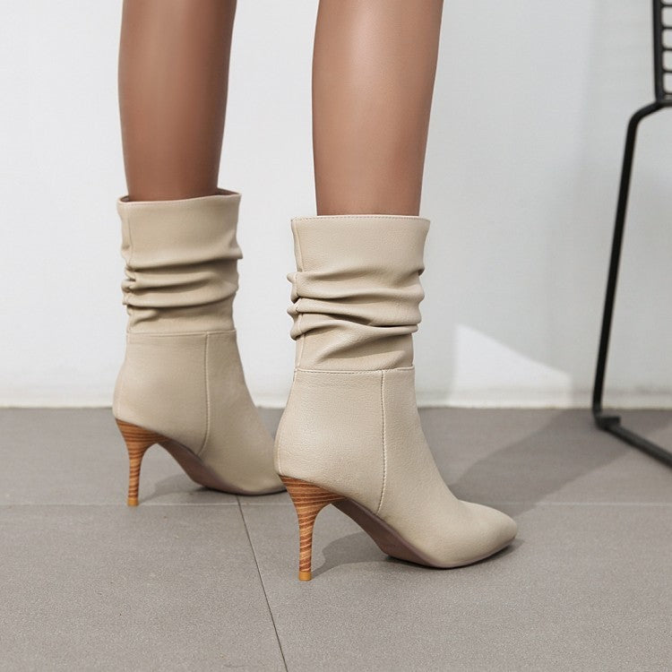 Women's Pleated Pointed Toe Stiletto Boots