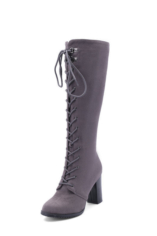 Women's Suede Front Lace High Heel Knee Length Boots