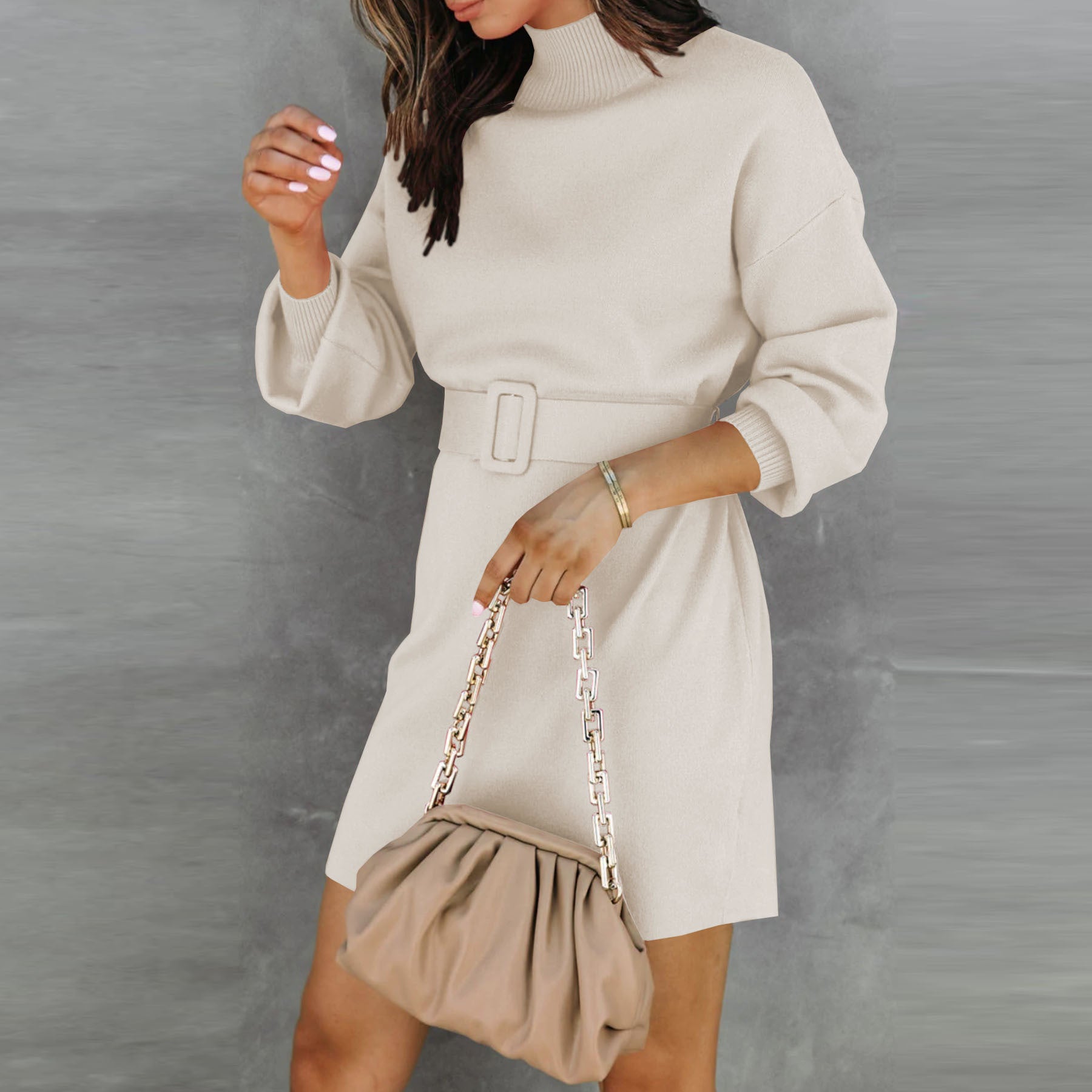 Women's Turtleneck Knit Sweater Dress with Belt in 7 Colors S-XL - Wazzi's Wear